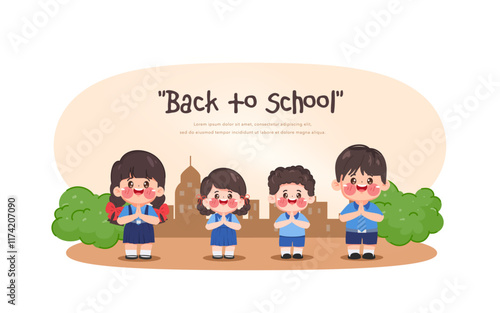 Cute cartoon indian kid student cheerful happy back to school background. Illustration vector premium.