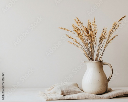 Dried wheat in cream pitcher on linen.