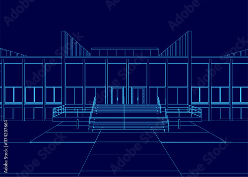 Blue drawing of a building with a large staircase leading up to the entrance. The building appears to be a large, modern structure with a lot of windows. Scene is one of elegance