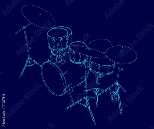 Blue drawing of a drum set with a blue background. The drum set is shown in a stylized way, with the drums and cymbals drawn in a way that emphasizes their shapes and sizes