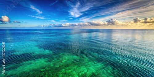 Abstract blue-green ocean, minimalist digital art.  Watercolor-like texture depicts a serene coastal wave.