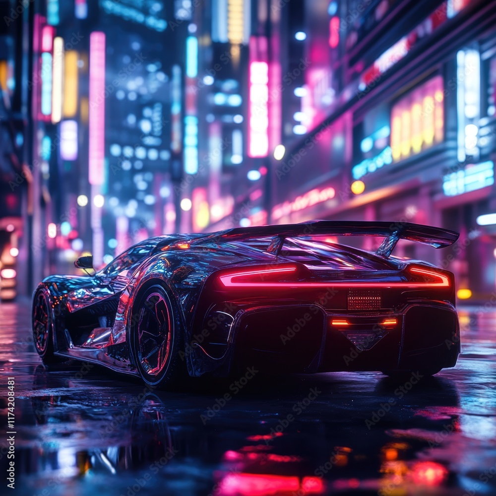 Futuristic sports car parked on a neon-lit city street at night, reflecting vibrant lights. Futuristic sports car parked on a neon-lit city street at night, reflecting vibrant lights.