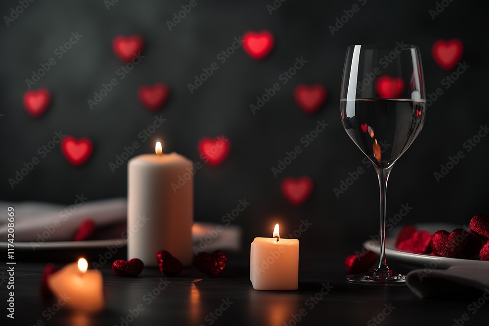 Valentine's Evening Table with Candlelight Romantic Hearts and Wine for a Special Celebration : Generative AI Valentine's Evening Table with Candlelight Romantic Hearts and Wine for a Special Celebration : Generative AI
