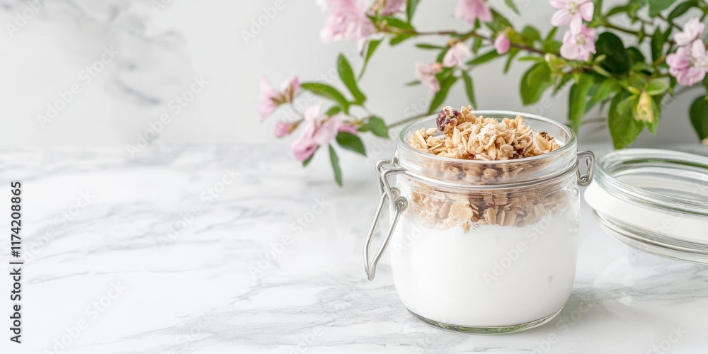 Breakfast granola yogurt jar with fresh flowers on marble table perfect for healthy lifestyle and food blogging minimalist white pink tones inspire freshness and tranquility spring setting Breakfast granola yogurt jar with fresh flowers on marble table perfect for healthy lifestyle and food blogging minimalist white pink tones inspire freshness and tranquility spring setting