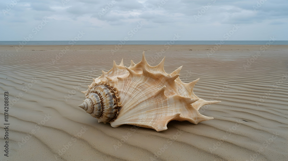 Large shell on serene beach coastal scene nature photography tranquil environment Large shell on serene beach coastal scene nature photography tranquil environment