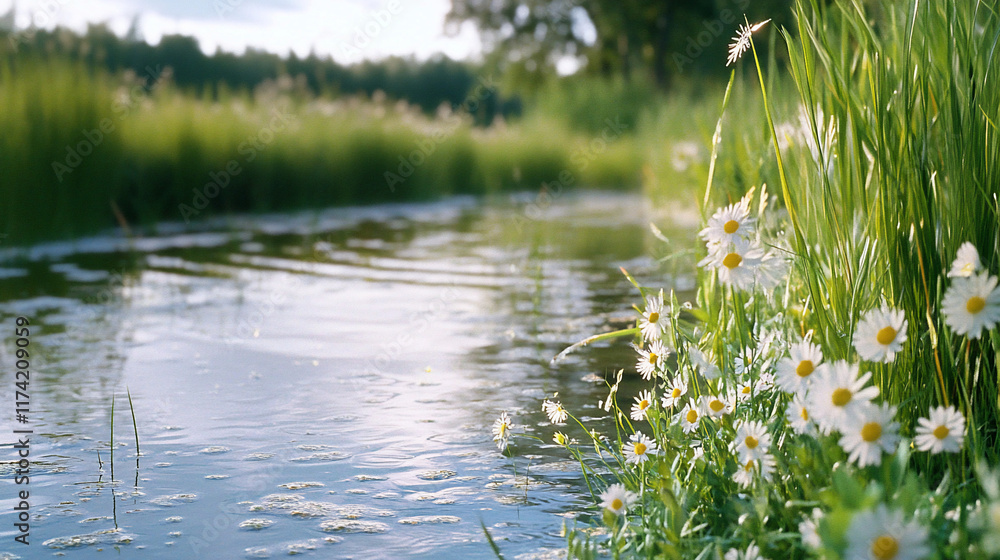 A serene riverside scene with daisies and lush greenery.