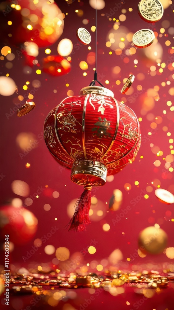Obraz premium Red lantern, gold coins falling; festive, prosperous Lunar New Year!