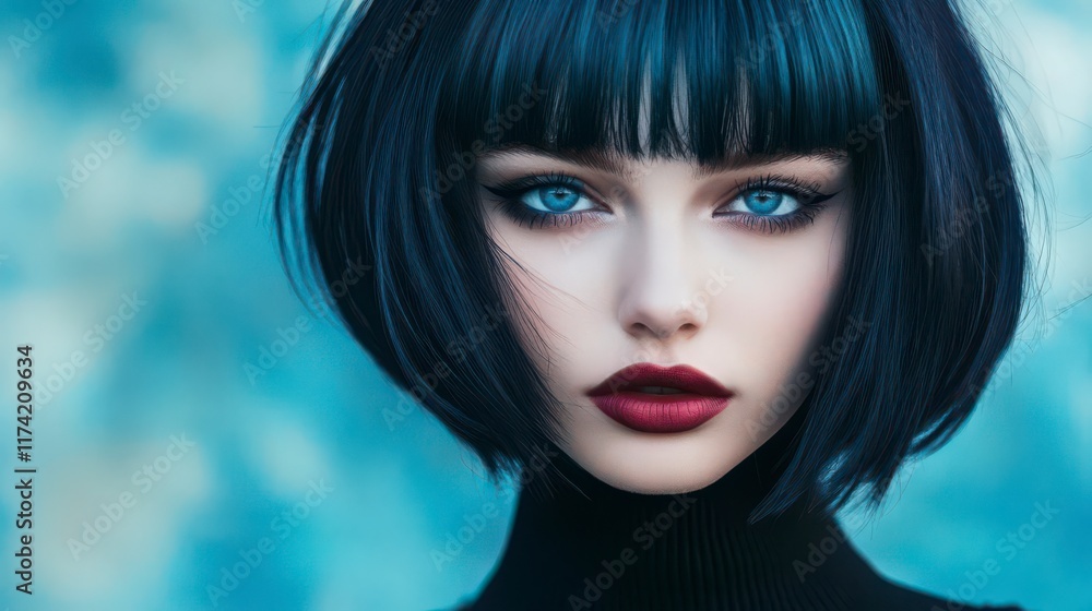Stunning woman with vibrant blue eyes and dark bob. Captivating gaze, red lips, and a sleek turtleneck. Stunning woman with vibrant blue eyes and dark bob. Captivating gaze, red lips, and a sleek turtleneck.