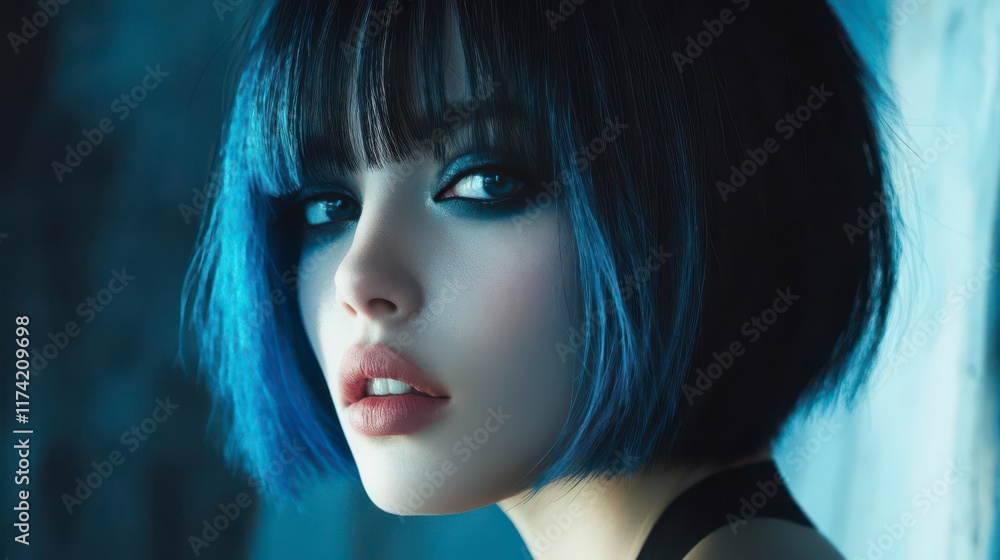 Stunning Blue Bob: A captivating portrait of a young woman with vibrant blue-tipped hair, intense gaze, and striking makeup. Stunning Blue Bob: A captivating portrait of a young woman with vibrant blue-tipped hair, intense gaze, and striking makeup.