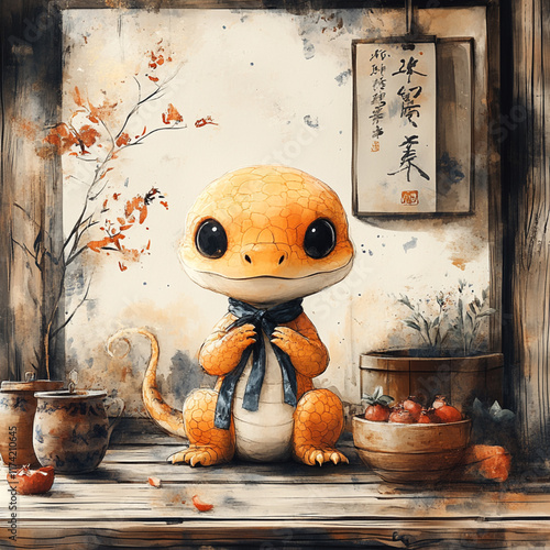 Ink wash painting texture, a cute little snake plush toy, Chinese New Year, festive atmosphere of Spring  photo