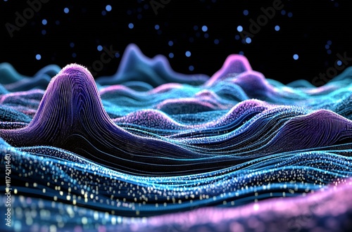 Colorful Abstract Digital Terrain with Luminous Peaks against a Glittering Night Starfield : Generative AI photo