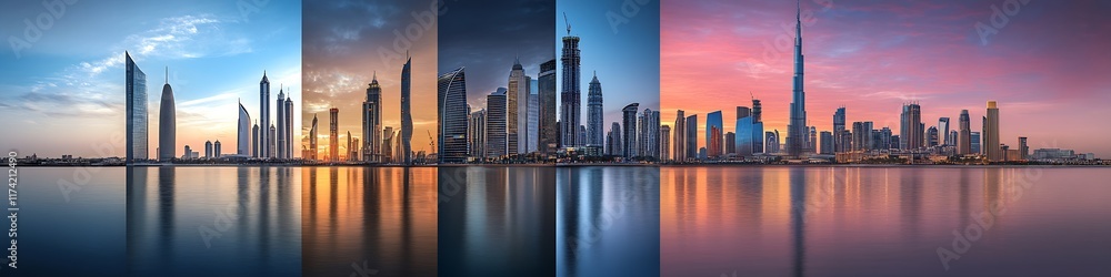 Fototapeta premium Vivid Multiphase Representation of Dubai Skyline Transitioning from Day to Night with Reflective Waters : Generative AI