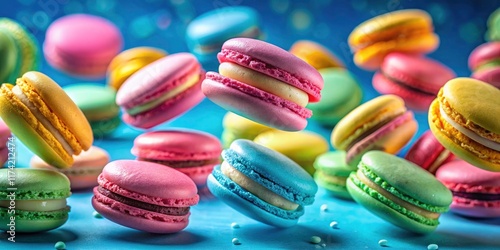 Wallpaper Mural AI-generated macro image: ethereal blue background, perfectly formed macarons seemingly suspended. Torontodigital.ca