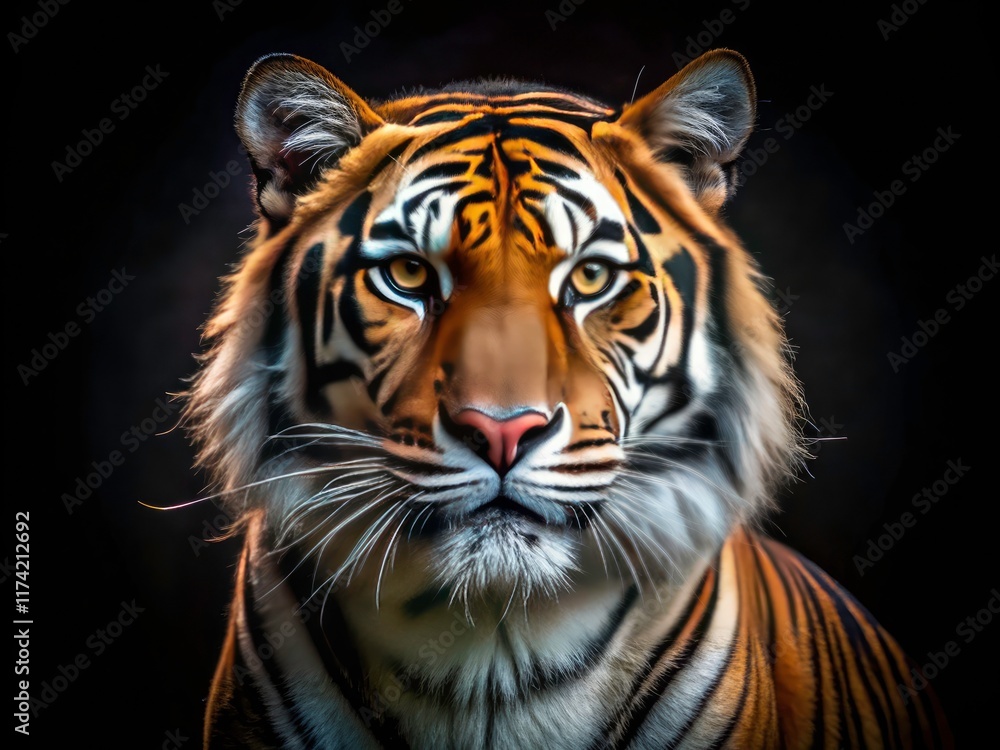 Fototapeta premium A majestic night tiger dominates this powerful wildlife photograph, its dark silhouette striking.