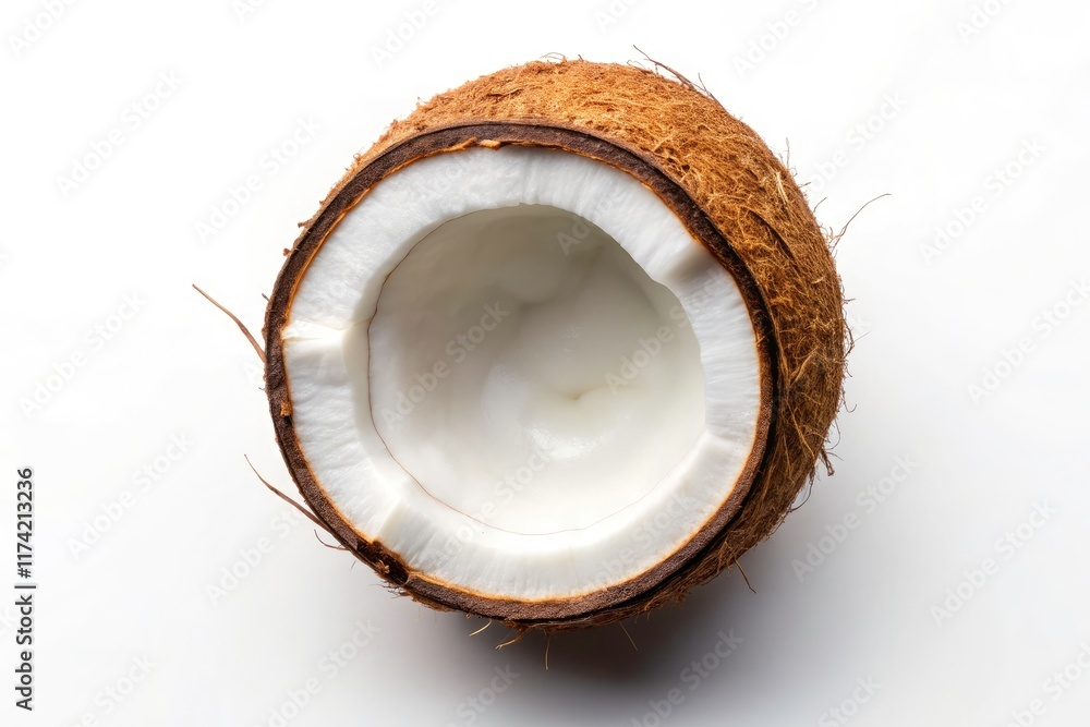 A pristine, isolated coconut against a white backdrop; perfect high-resolution summer food photography, capturing tropical freshness. A pristine, isolated coconut against a white backdrop; perfect high-resolution summer food photography, capturing tropical freshness.