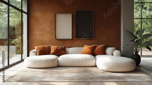 Using Pantone color Mocha Mousse as the theme, write a modern style interior decoration wall --ar 16:9 --style raw --stylize 750 --v 6.1 Job ID: 080e4f28-3c7a-4b5e-a757-f7860e2cd8c1 photo