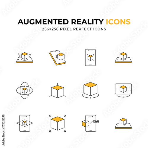 A set of twelve clean and minimalist line art icons representing augmented reality concept. These 256x256 pixel perfect icons ideal for app design or tech presentations