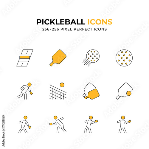 Clean line art icons depicting various aspects of pickleball including paddles balls players and the court Ideal for websites apps or any project related to pickleball Perfect 256x256 pixel dimensions