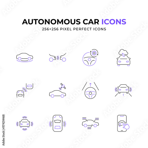 Set of 12 minimalist line icons depicting various aspects of autonomous car technology including self-parking remote control and sensor systems Perfect for illustrating driverless vehicle concepts.