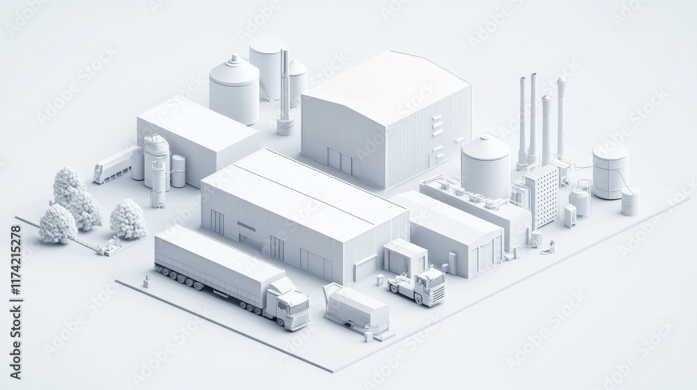 Naklejka premium 3D rendering of white modern factory area with parked logistics vehicles