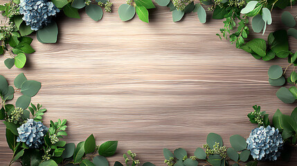 Light wood texture bordered with lush green leaves, delicate hydrangea flowers, and subtle accents of eucalyptus. A serene and elegant natural backdrop for wedding, floral, or seasonal designs