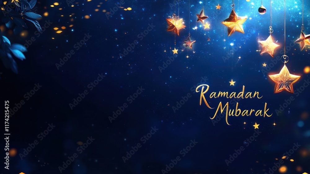 Naklejka premium A mystical Ramadan Mubarak greeting with gold star ornaments hanging against a dark blue starry night sky. Ideal for social media posts, website banners or digital greeting cards.
