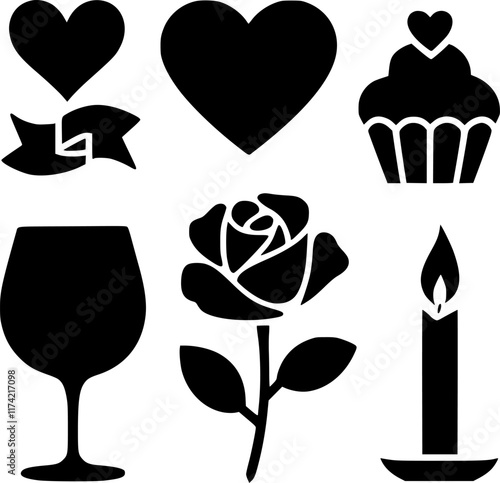 Romantic Symbols Set - Black and White Icons for Valentine's Day