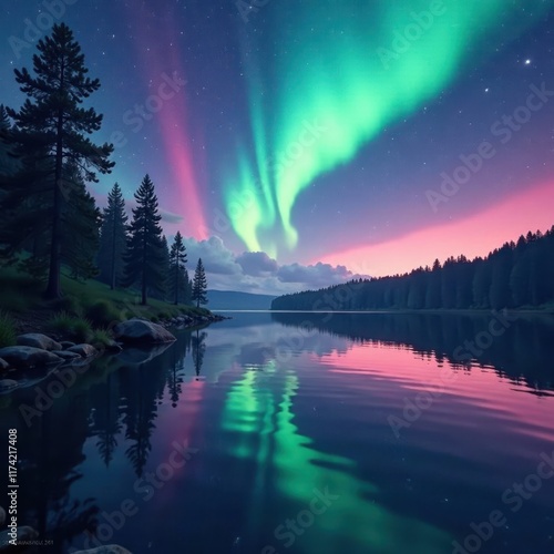 Glittery aurora borealis swirls above a metallic lake surface at dusk  lake  mystic