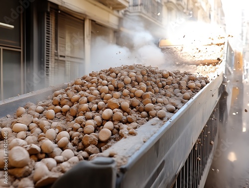 Clay Pebbles: Industrial Conveyor Belt Scene, Dusty and Gritty photo