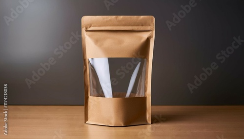 stylish brown kraft paper stand up pouch with transparent window for displaying gourmet food products
