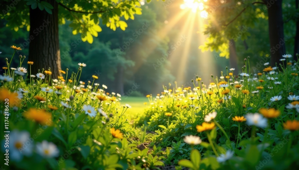 Obraz premium Overgrown meadow with sunbeams filtering through, dappled shade, woodland