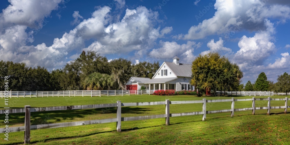 Obraz premium White Farmhouse with a White Fence and Blue Sky