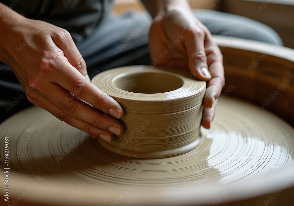 Crafting a clay pot on a pottery wheel in a serene workshop setting Crafting a clay pot on a pottery wheel in a serene workshop setting