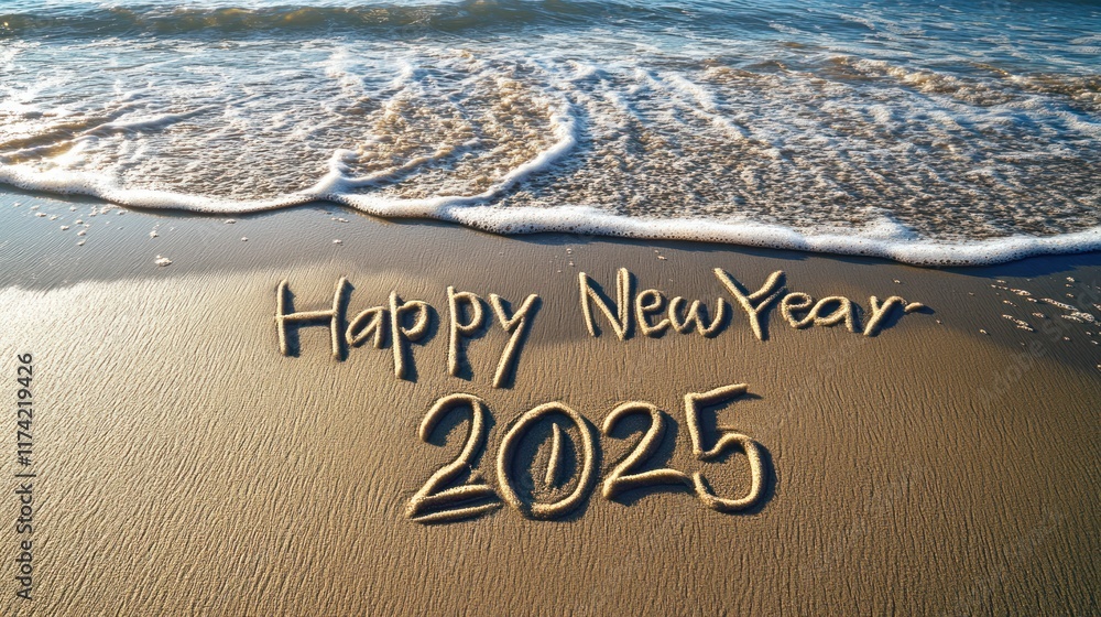 Fototapeta premium Happy New Year 2025 written in the sand on a beach with an ocean wave. Ideal for new year greetings, social media posts, and travel blogs.
