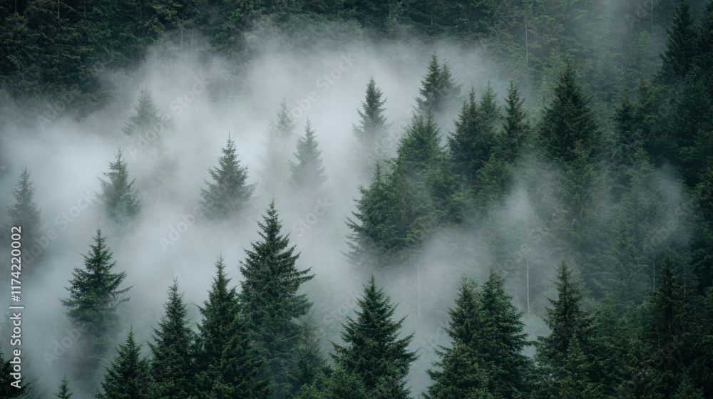 Serene Mountain Landscape with Misty Trees Serene Mountain Landscape with Misty Trees