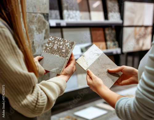 Wallpaper Mural Two women evaluate different tile samples while discussing their design choices in a materials showroom Torontodigital.ca