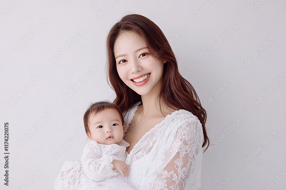 A smiling woman holds a baby, both dressed in elegant white attire. A smiling woman holds a baby, both dressed in elegant white attire.