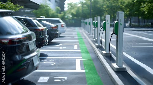 Electric vehicle charging stations urban parking lot photography modern environment ground level view sustainability concept