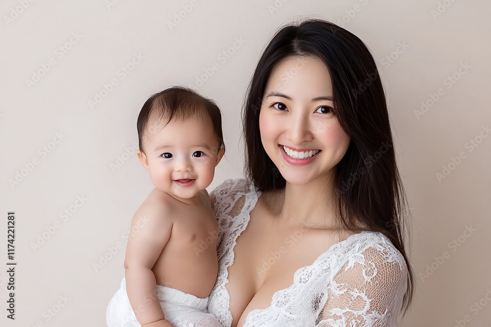 A smiling woman holds a joyful baby against a soft background. A smiling woman holds a joyful baby against a soft background.