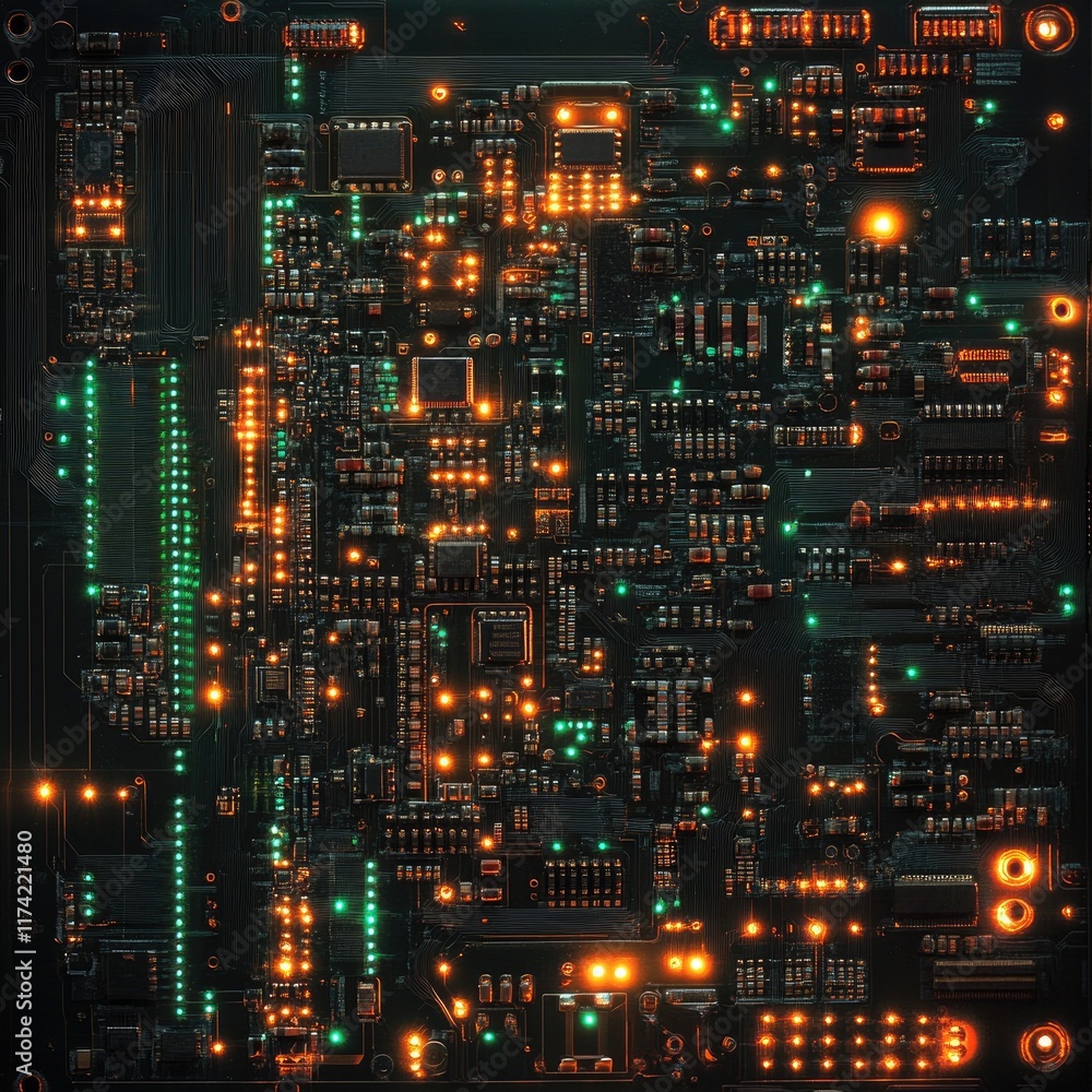 A close-up shot of a computer circuit board, illuminated pathways glowing brightly, showcasing the intricate details of microchips, transistors, and fine electronic connections. A close-up shot of a computer circuit board, illuminated pathways glowing brightly, showcasing the intricate details of microchips, transistors, and fine electronic connections.