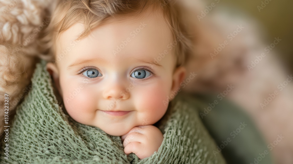 A baby is smiling and looking at the camera while wrapped in a green blanket A baby is smiling and looking at the camera while wrapped in a green blanket