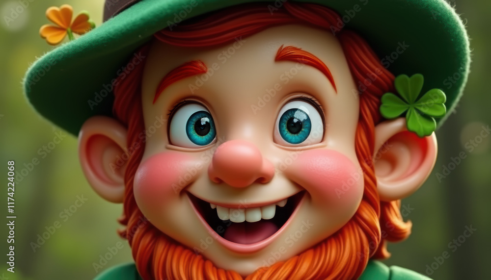 Cheerful cartoon leprechaun with red hair and shamrocks in a forest Cheerful cartoon leprechaun with red hair and shamrocks in a forest