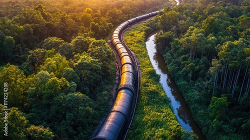 Aerial view of an LPG gas pipeline cutting through forests and rivers