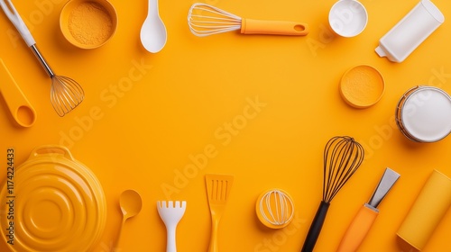 Baking tools with promotional price tags, cheerful and vibrant setup photo