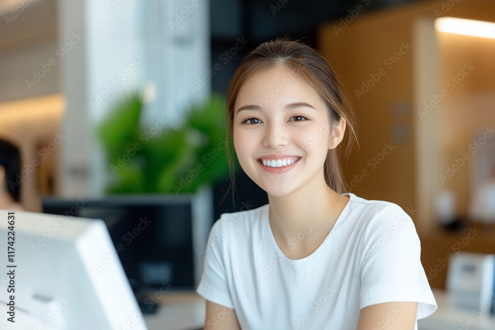 A smiling young woman at a modern workspace, exuding positivity. A smiling young woman at a modern workspace, exuding positivity.
