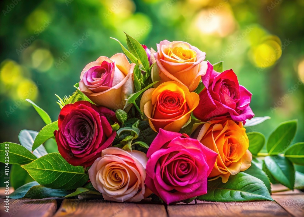 Five roses burst with vibrant color in this panoramic close-up; lush leaves and detailed petals fill the frame. Five roses burst with vibrant color in this panoramic close-up; lush leaves and detailed petals fill the frame.