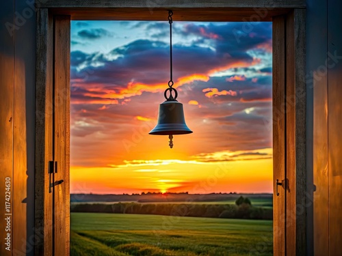 Flat color, thin lines depict a calm countryside scene: sunset over a field, simple elegance at its finest.