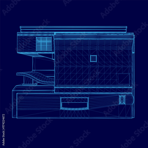 Blue drawing of a printer. The printer is a large, modern model with a sleek design. The blue color scheme gives the image a clean and professional look