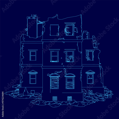 Blue drawing of a house with a chimney. The house is in ruins and has a lot of windows