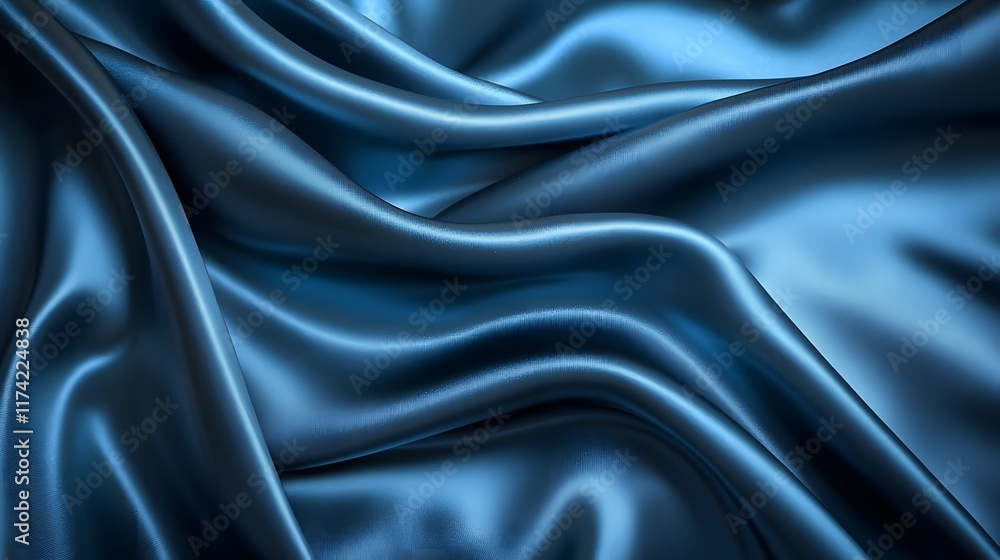 Fototapeta premium Abstract technology background features a luxurious, shiny black and blue satin fabric with a dark, soft wave pattern, creating a blurred, beautiful texture reminiscent of silk